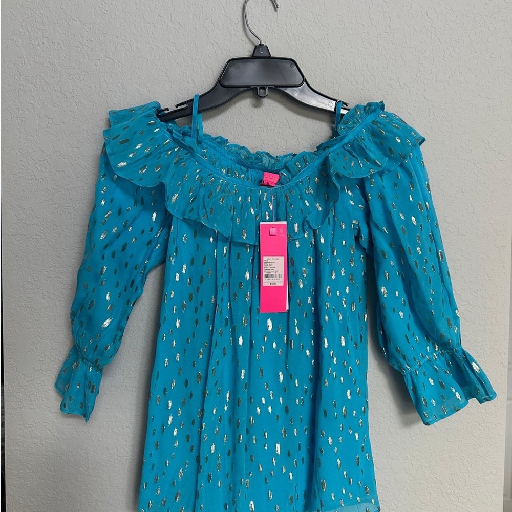 Lilly Pulitzer Teal and Gold Off-Shoulder Top